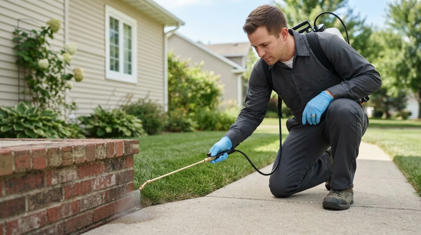 Pest control technician treating a home near Lindenhurst, NY
