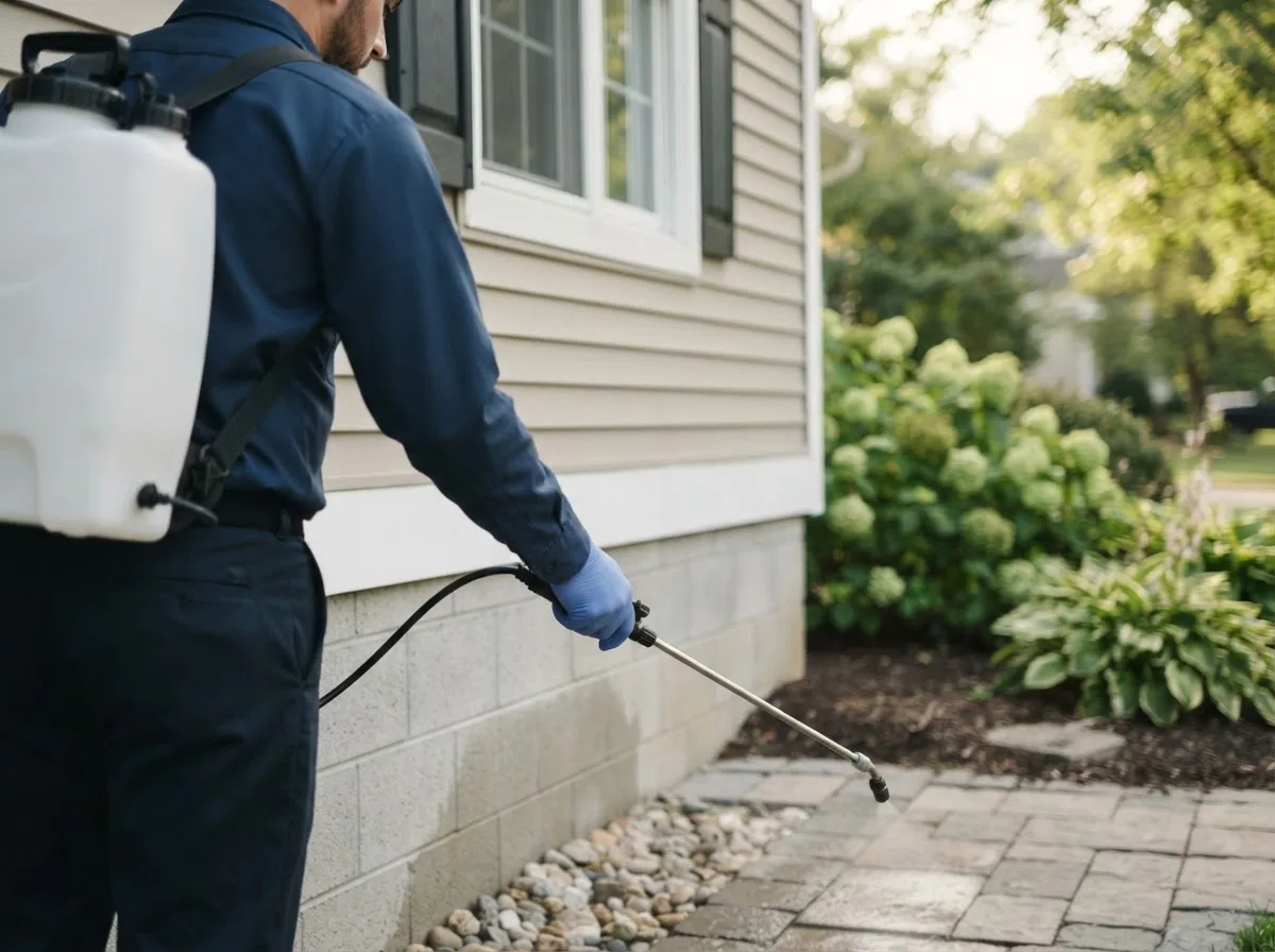 Pest control technician inspecting a home in Lindenhurst, NY